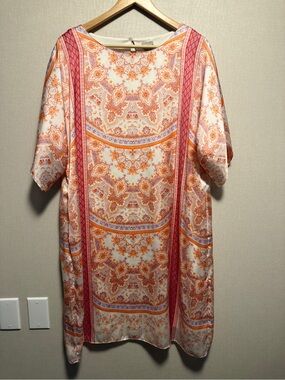 Chico’s Size 3 (US 16) Paisley Shift Dress Orange Pink White Boho Midi Resort